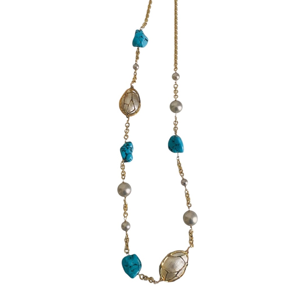 Vintage Alexis Bittar Gold Caged Faux Pearl Turquoise 34" Necklace New w/Tags